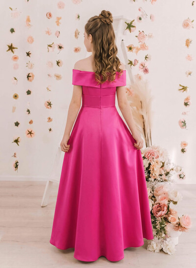 A-Line Off-The-Shoulder Sleeveless Floor-Length Satin Junior Bridesmaid Dresses