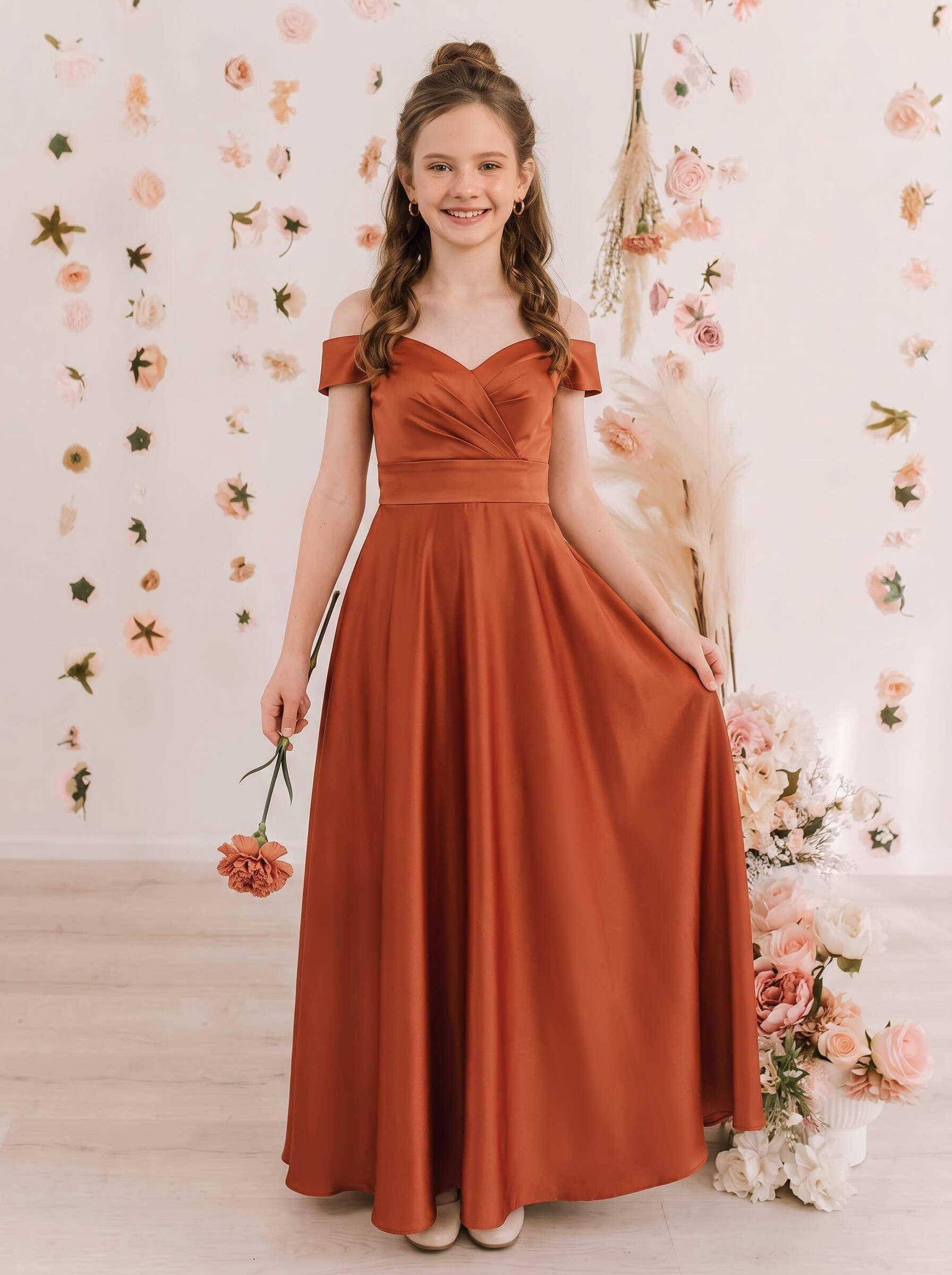 A-Line Off-The-Shoulder Sleeveless Floor-Length Satin Junior Bridesmaid Dresses