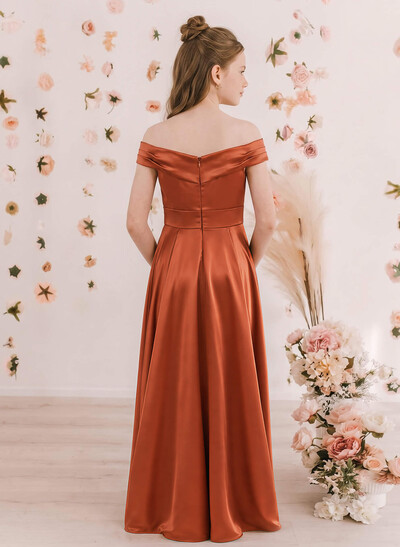 A-Line Off-The-Shoulder Sleeveless Floor-Length Satin Junior Bridesmaid Dresses