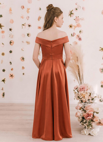 A-Line Off-The-Shoulder Sleeveless Floor-Length Satin Junior Bridesmaid Dresses