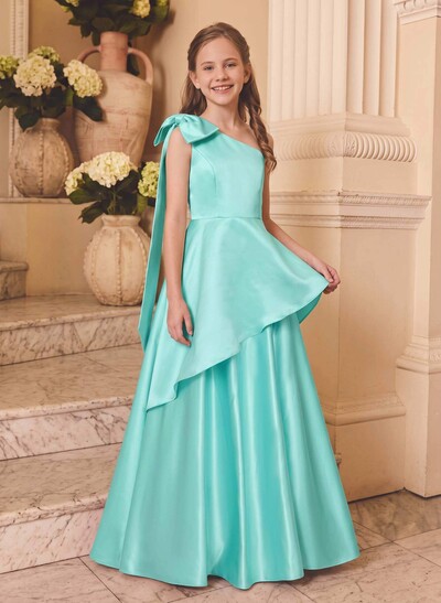 A-Line One-Shoulder Sleeveless Floor-Length Satin Junior Bridesmaid Dresses With Bow