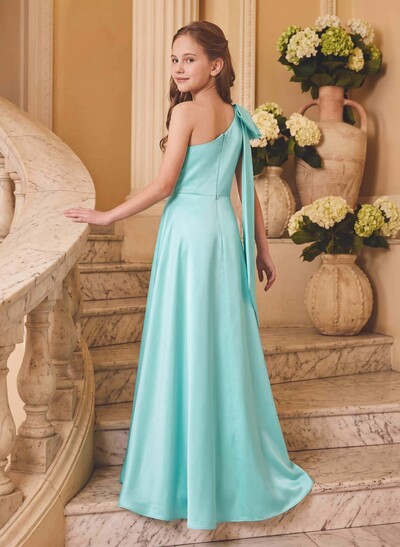 A-Line One-Shoulder Sleeveless Floor-Length Satin Junior Bridesmaid Dresses With Bow