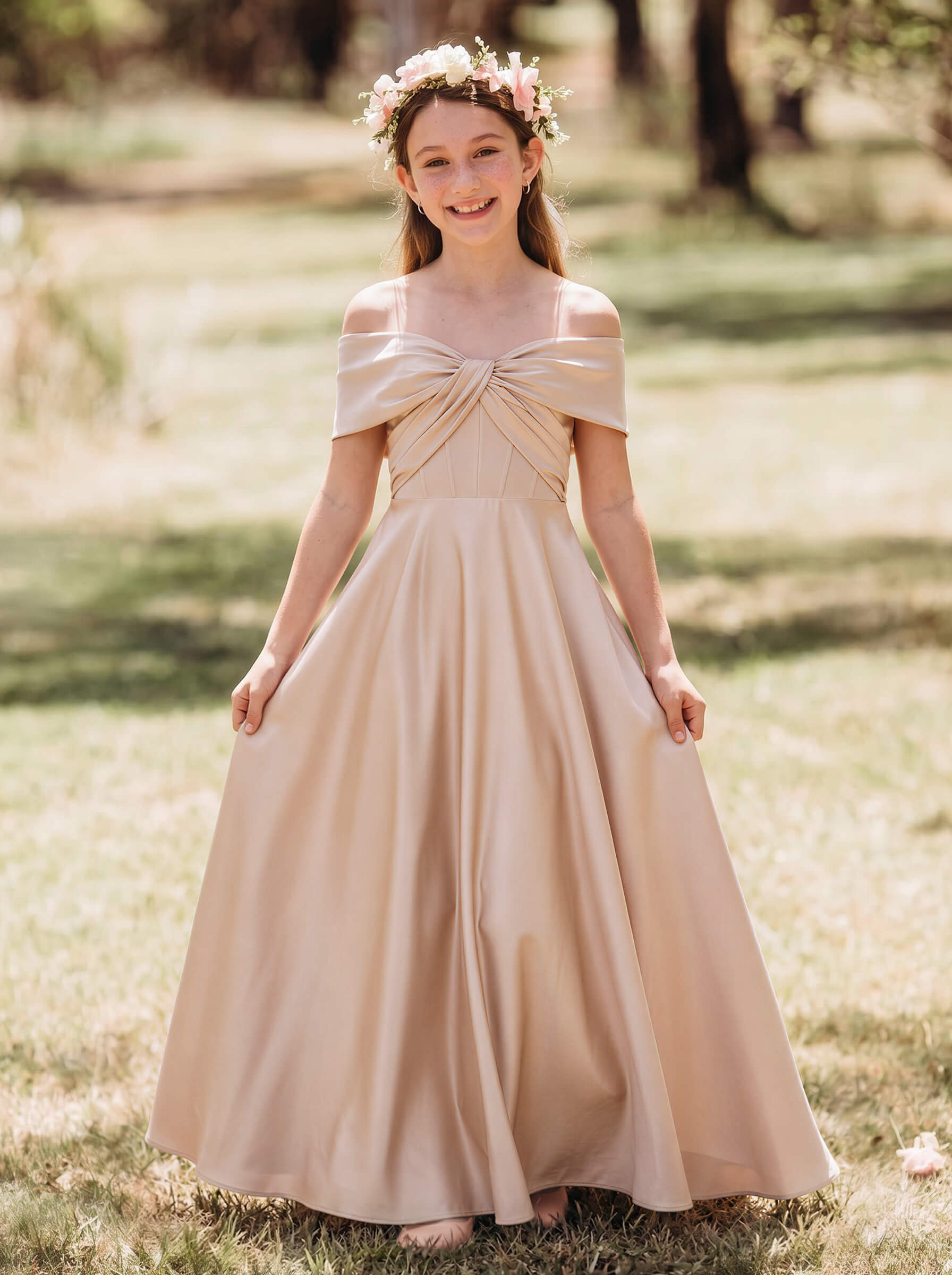 A-Line Off-The-Shoulder Sleeveless Floor-Length Satin Junior Bridesmaid Dresses With