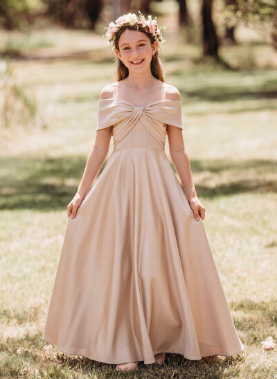 A-Line Off-The-Shoulder Sleeveless Floor-Length Satin Junior Bridesmaid Dresses With