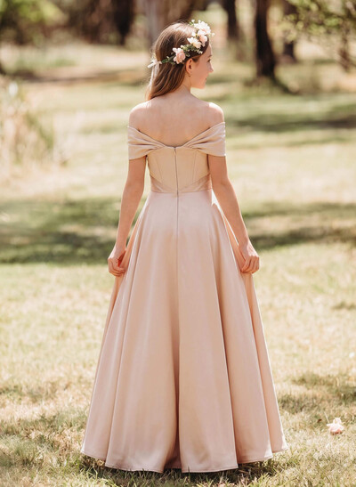 A-Line Off-The-Shoulder Sleeveless Floor-Length Satin Junior Bridesmaid Dresses With