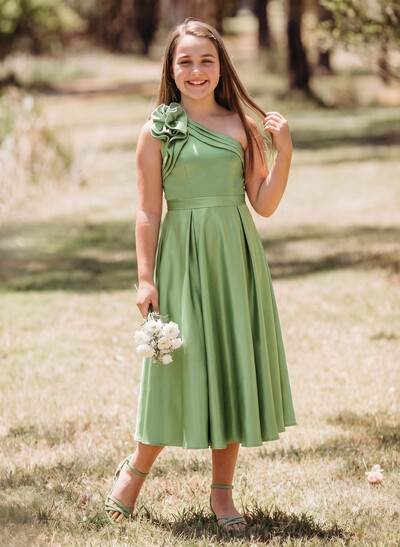A-Line One-Shoulder Sleeveless Tea-Length Satin Junior Bridesmaid Dresses With Flower