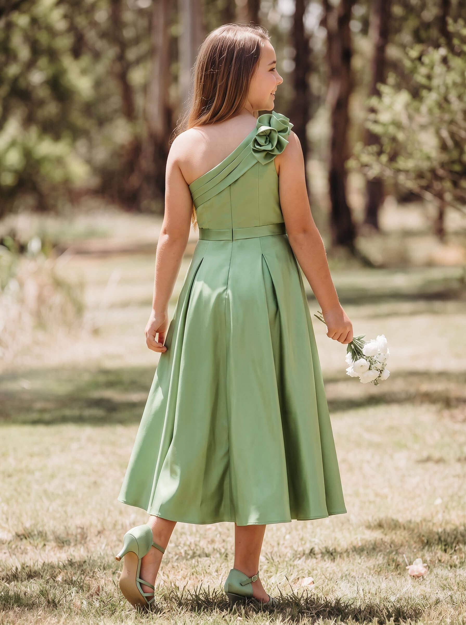 A-Line One-Shoulder Sleeveless Tea-Length Satin Junior Bridesmaid Dresses With Flower