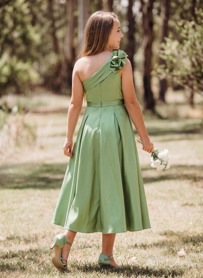 A-Line One-Shoulder Sleeveless Tea-Length Satin Junior Bridesmaid Dresses With Flower