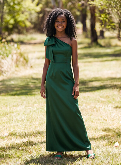Sheath/Column One-Shoulder Sleeveless Floor-Length Satin Junior Bridesmaid Dresses With Bow