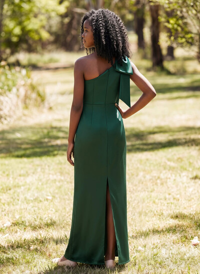 Sheath/Column One-Shoulder Sleeveless Floor-Length Satin Junior Bridesmaid Dresses With Bow