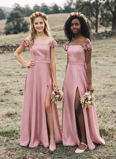 A-Line Off-The-Shoulder Sleeveless Floor-Length Satin Junior Bridesmaid Dresses With Ruffle/Flower/High Split