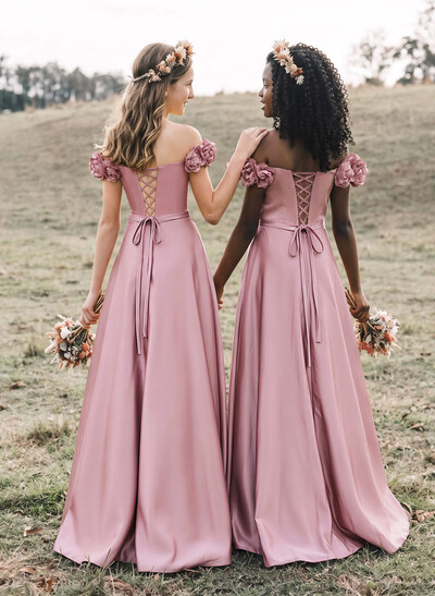 A-Line Off-The-Shoulder Sleeveless Floor-Length Satin Junior Bridesmaid Dresses With Ruffle/Flower/High Split