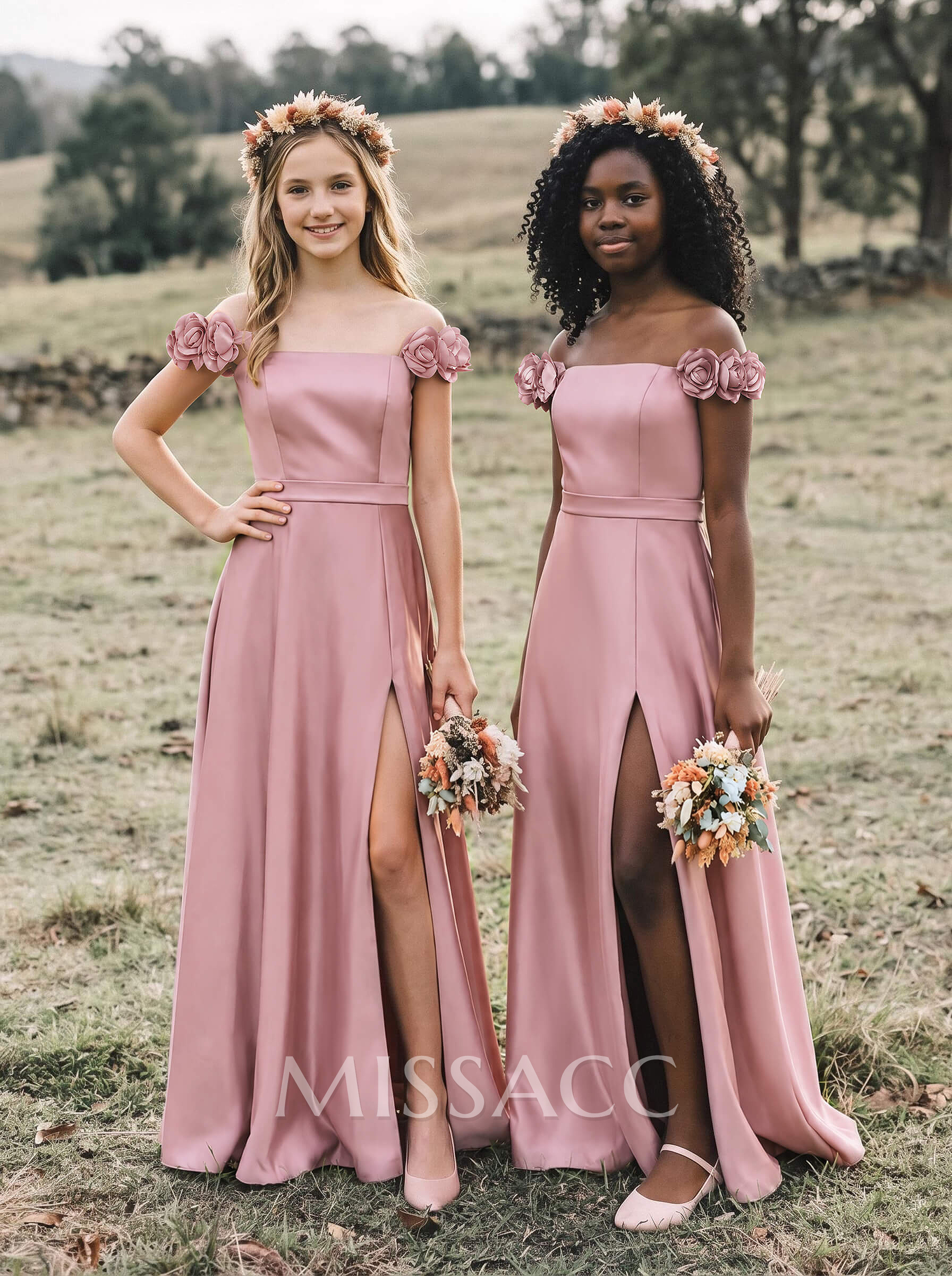 A-Line Off-The-Shoulder Sleeveless Floor-Length Satin Junior Bridesmaid Dresses With Ruffle/Flower/High Split