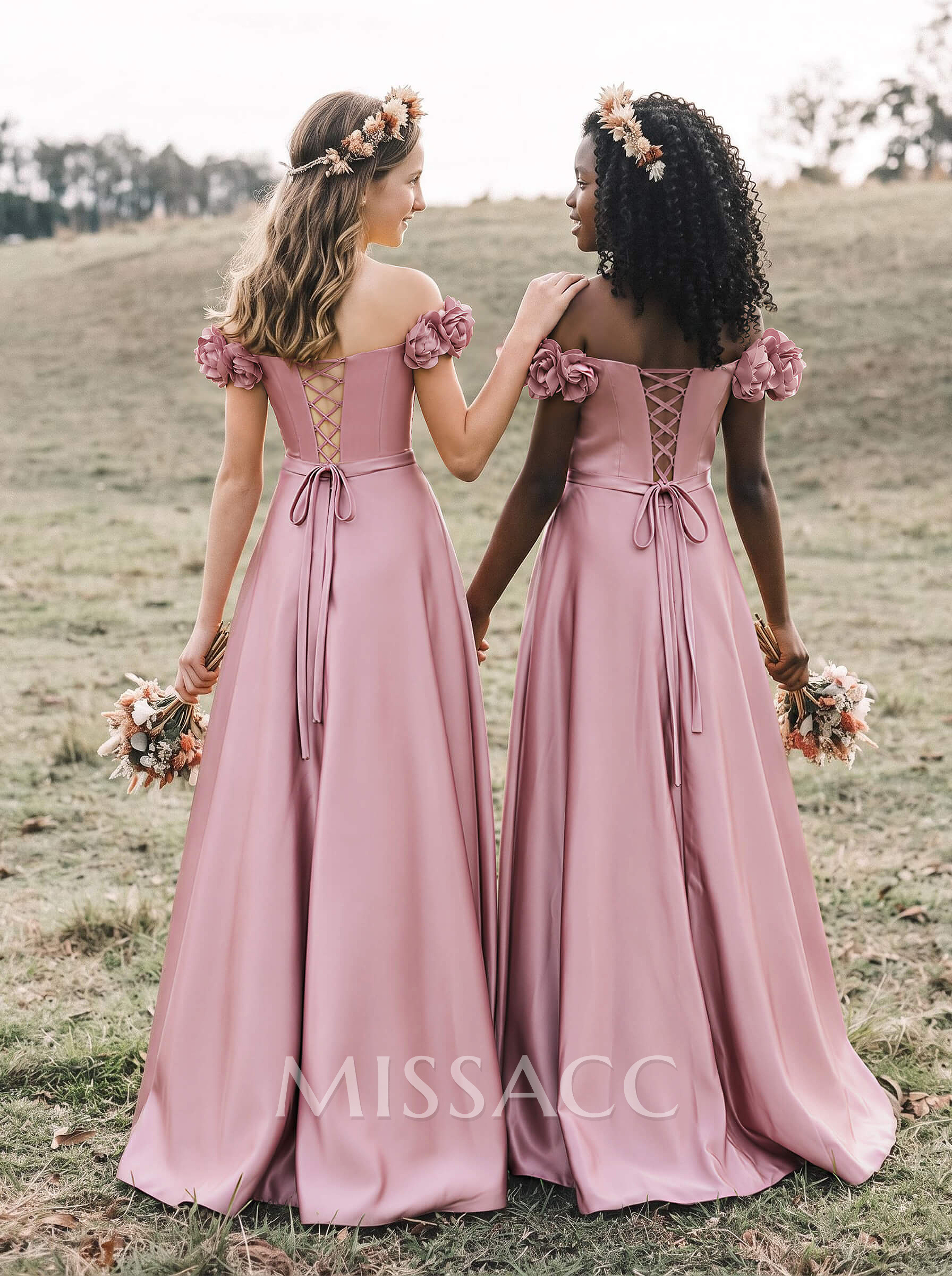 A-Line Off-The-Shoulder Sleeveless Floor-Length Satin Junior Bridesmaid Dresses With Ruffle/Flower/High Split