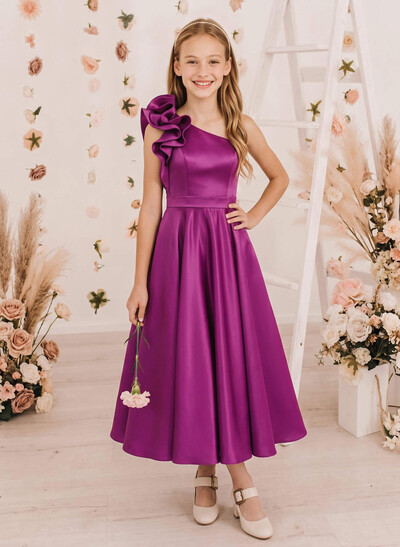 A-Line One-Shoulder Sleeveless Ankle-Length Satin Junior Bridesmaid Dresses With Ruffle