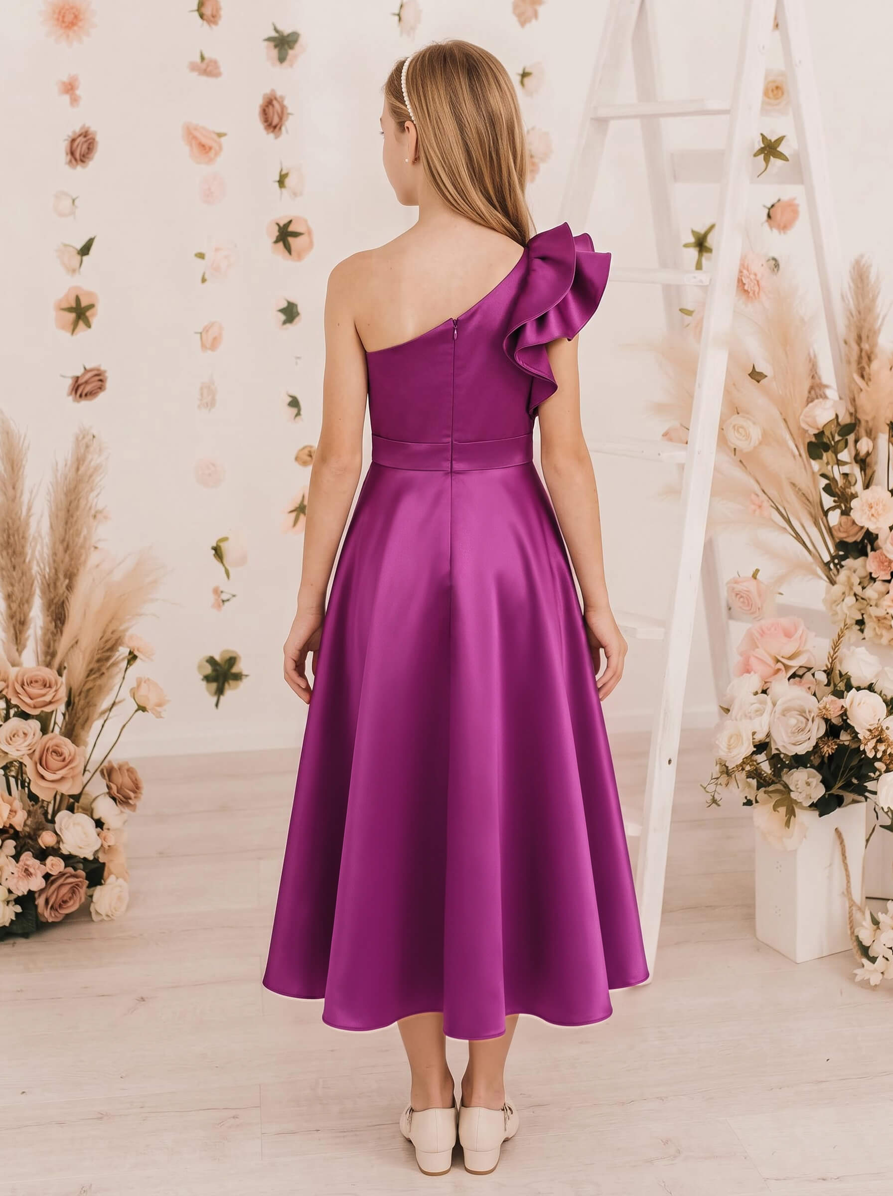 A-Line One-Shoulder Sleeveless Ankle-Length Satin Junior Bridesmaid Dresses With Ruffle