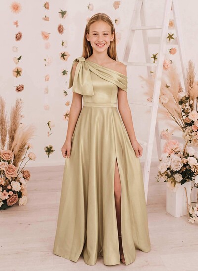 A-Line Asymmetrical Sleeveless Floor-Length Satin Junior Bridesmaid Dresses With Bow/High Split