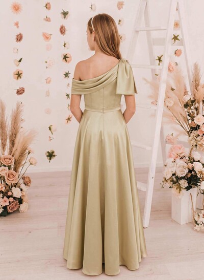 A-Line Asymmetrical Sleeveless Floor-Length Satin Junior Bridesmaid Dresses With Bow/High Split