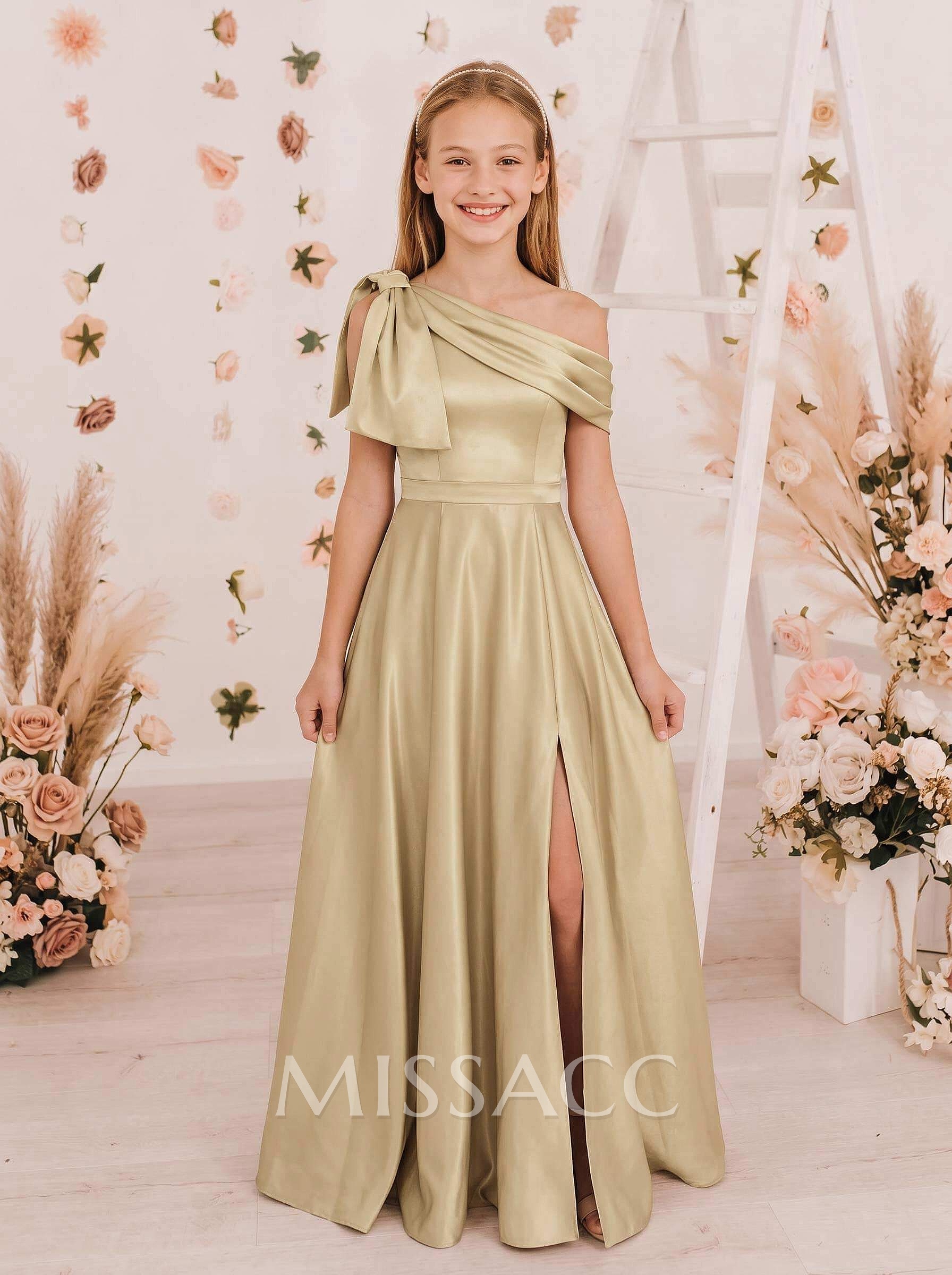 A-Line Asymmetrical Sleeveless Floor-Length Satin Junior Bridesmaid Dresses With Bow/High Split