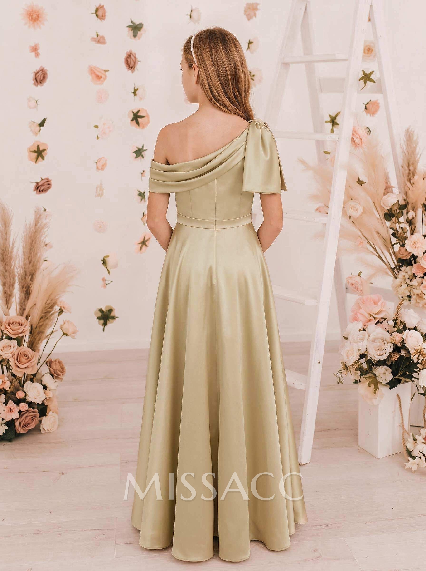 A-Line Asymmetrical Sleeveless Floor-Length Satin Junior Bridesmaid Dresses With Bow/High Split