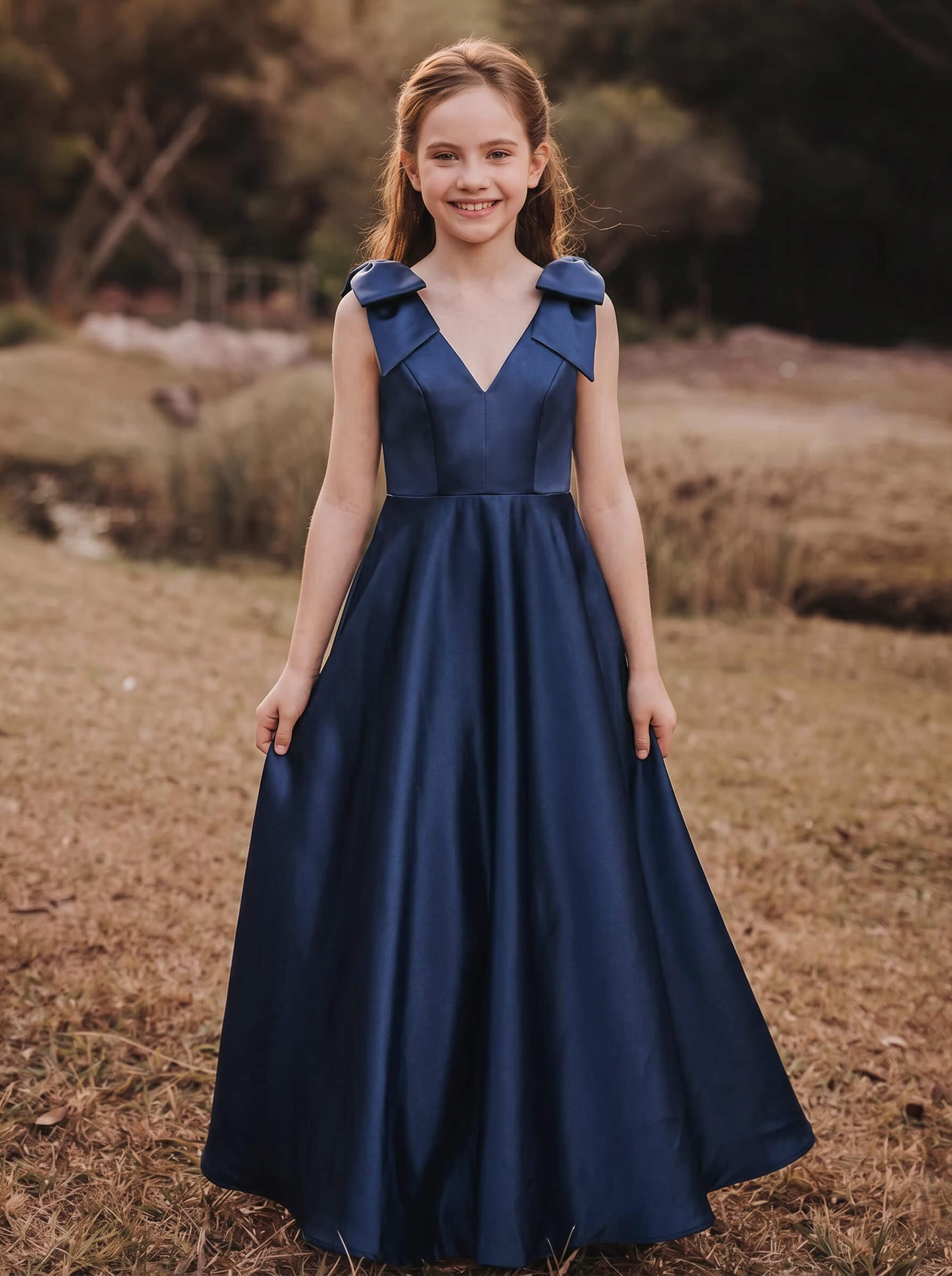 A-Line V-Neck Sleeveless Floor-Length Satin Junior Bridesmaid Dresses With Bow