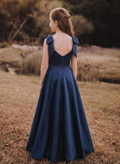 A-Line V-Neck Sleeveless Floor-Length Satin Junior Bridesmaid Dresses With Bow