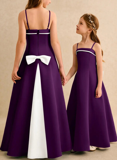 A-Line Scoop Neck Sleeveless Floor-Length Satin Junior Bridesmaid Dresses With Bow