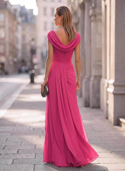 Sheath/Column Scoop Neck Short Sleeves Floor-Length Chiffon Mother Of The Bride Dresses With Pleated