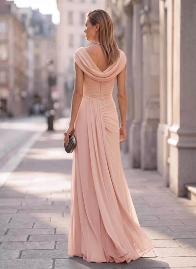 Sheath/Column Scoop Neck Short Sleeves Floor-Length Chiffon Mother Of The Bride Dresses With Pleated