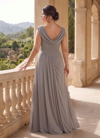 Sheath/Column Scoop Neck Short Sleeve Floor-Length Chiffon Mother Of The Bride Dress With Pleats