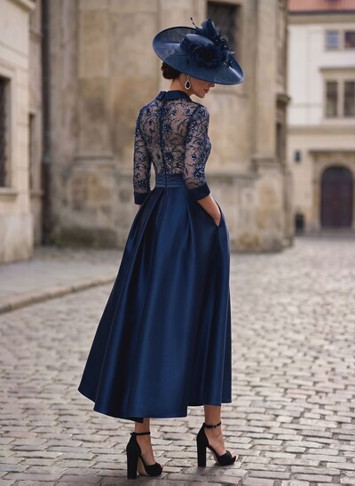 A-Line V-Neck 3/4 Sleeves Ankle-Length Satin Mother Of The Bride Dresses With Lace