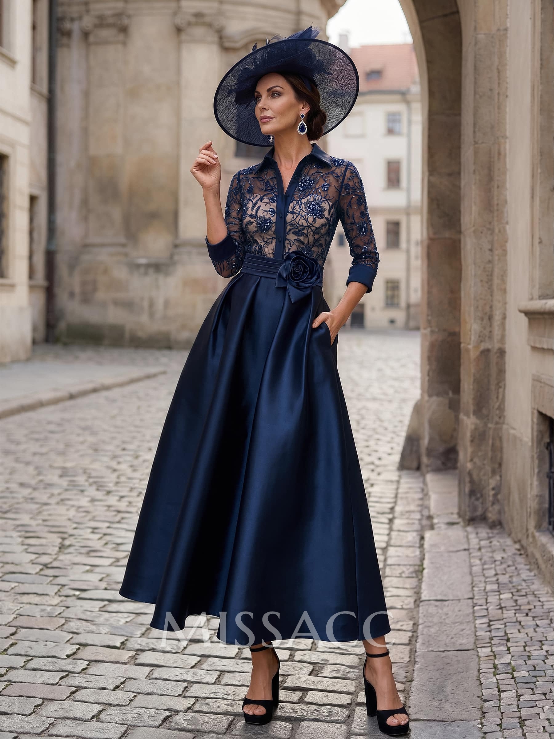 A-Line V-Neck 3/4 Sleeves Ankle-Length Satin Mother Of The Bride Dresses With Lace