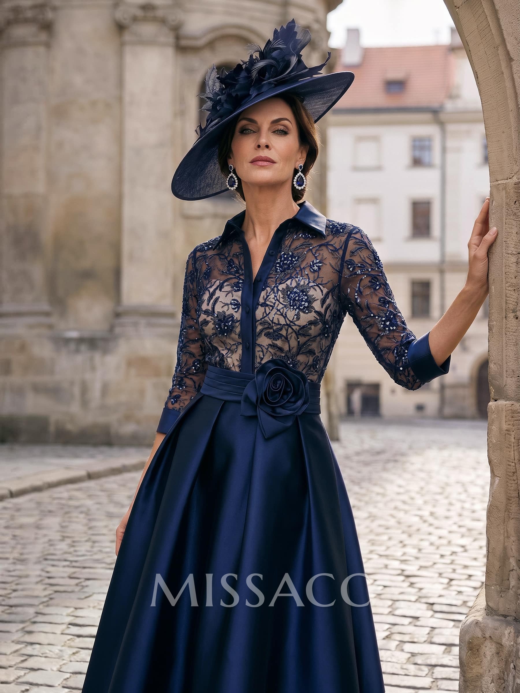 A-Line V-Neck 3/4 Sleeves Ankle-Length Satin Mother Of The Bride Dresses With Lace