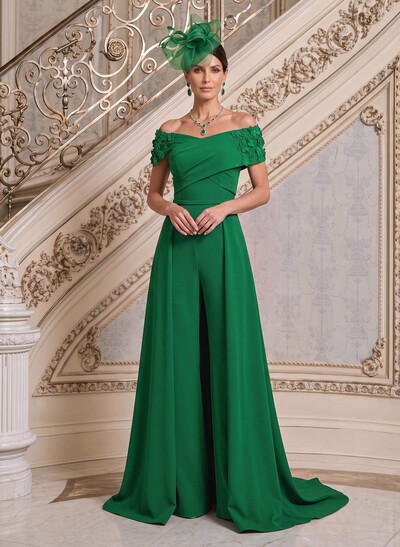 Jumpsuit/Pantsuit Off-The-Shoulder Sleeveless Sweep Train Elastic Satin Mother Of The Bride Dresses With Overskirt Dress