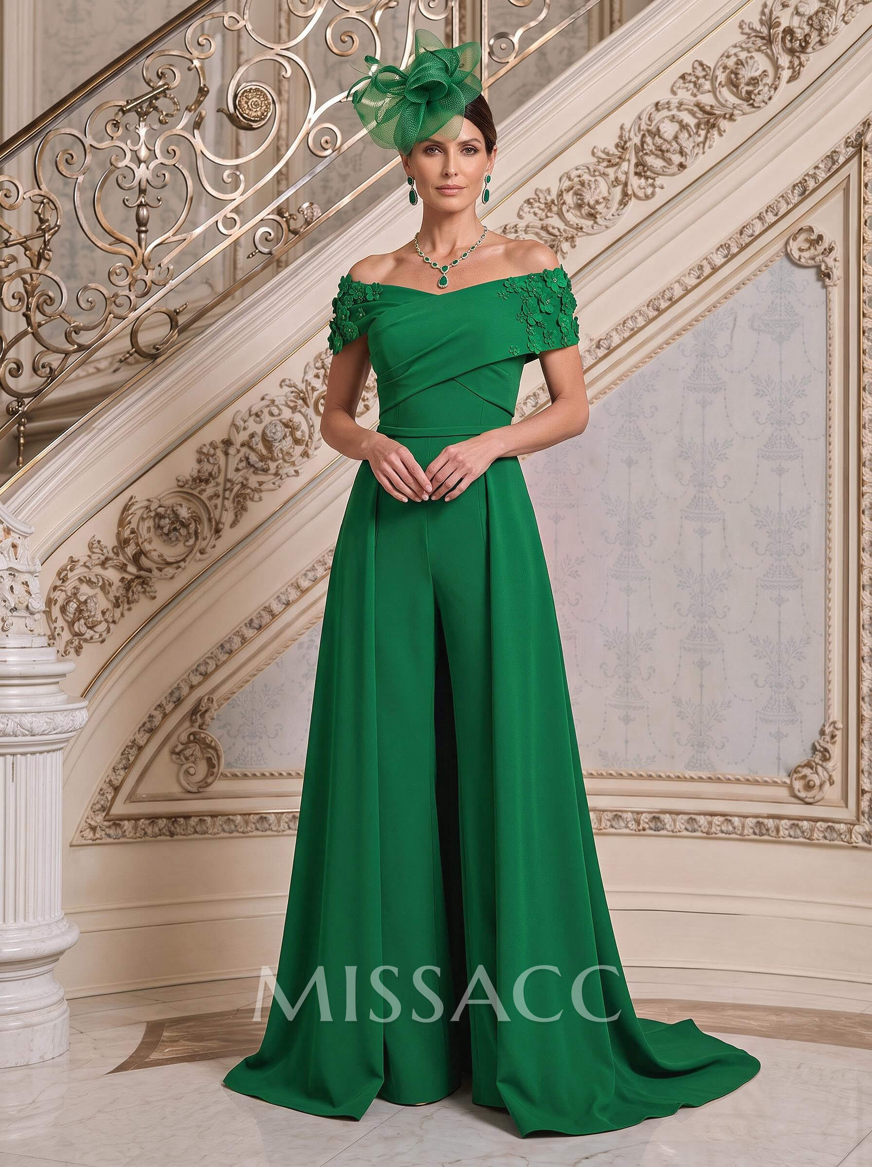 Jumpsuit/Pantsuit Off-The-Shoulder Sleeveless Sweep Train Elastic Satin Mother Of The Bride Dresses With Overskirt Dress