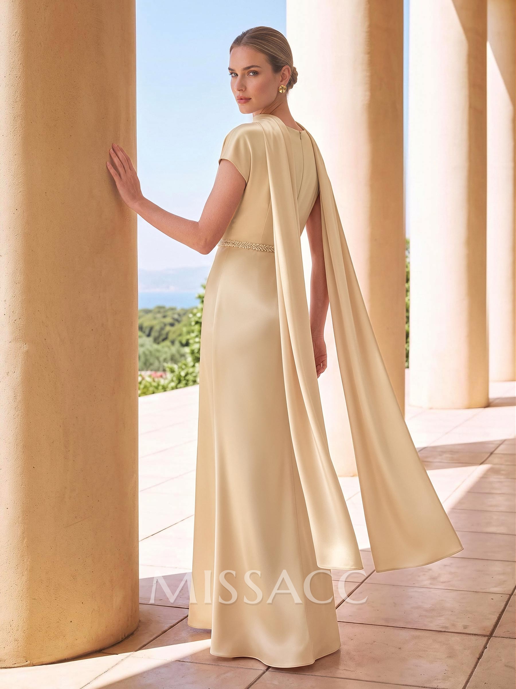 Sheath/Column Scoop Neck Short Sleeves Floor-Length Crepe Satin Mother Of The Bride Dresses With