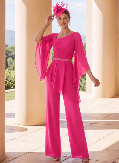 Jumpsuit/Trouser Suit Scoop Neck 3/4 Sleeves Floor-Length Chiffon Mother Of The Bride Outfit With Sash