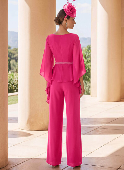 Jumpsuit/Trouser Suit Scoop Neck 3/4 Sleeves Floor-Length Chiffon Mother Of The Bride Outfit With Sash