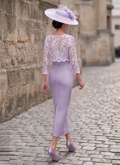 Sheath/Column Scoop Neck 3/4 Sleeves Ankle-Length Elastic Satin Mother Of The Bride Dresses With Lace