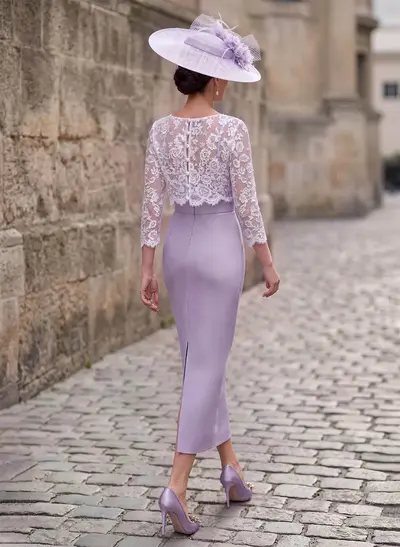 Sheath/Column Scoop Neck 3/4 Sleeves Ankle-Length Stretch Satin Mother Of The Bride Dresses With Lace