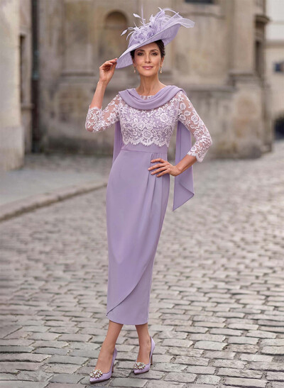 Sheath/Column Scoop Neck 3/4 Sleeves Ankle-Length Elastic Satin Mother Of The Bride Dresses With Lace