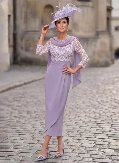 Sheath/Column Scoop Neck 3/4 Sleeves Ankle-Length Stretch Satin Mother Of The Bride Dresses With Lace