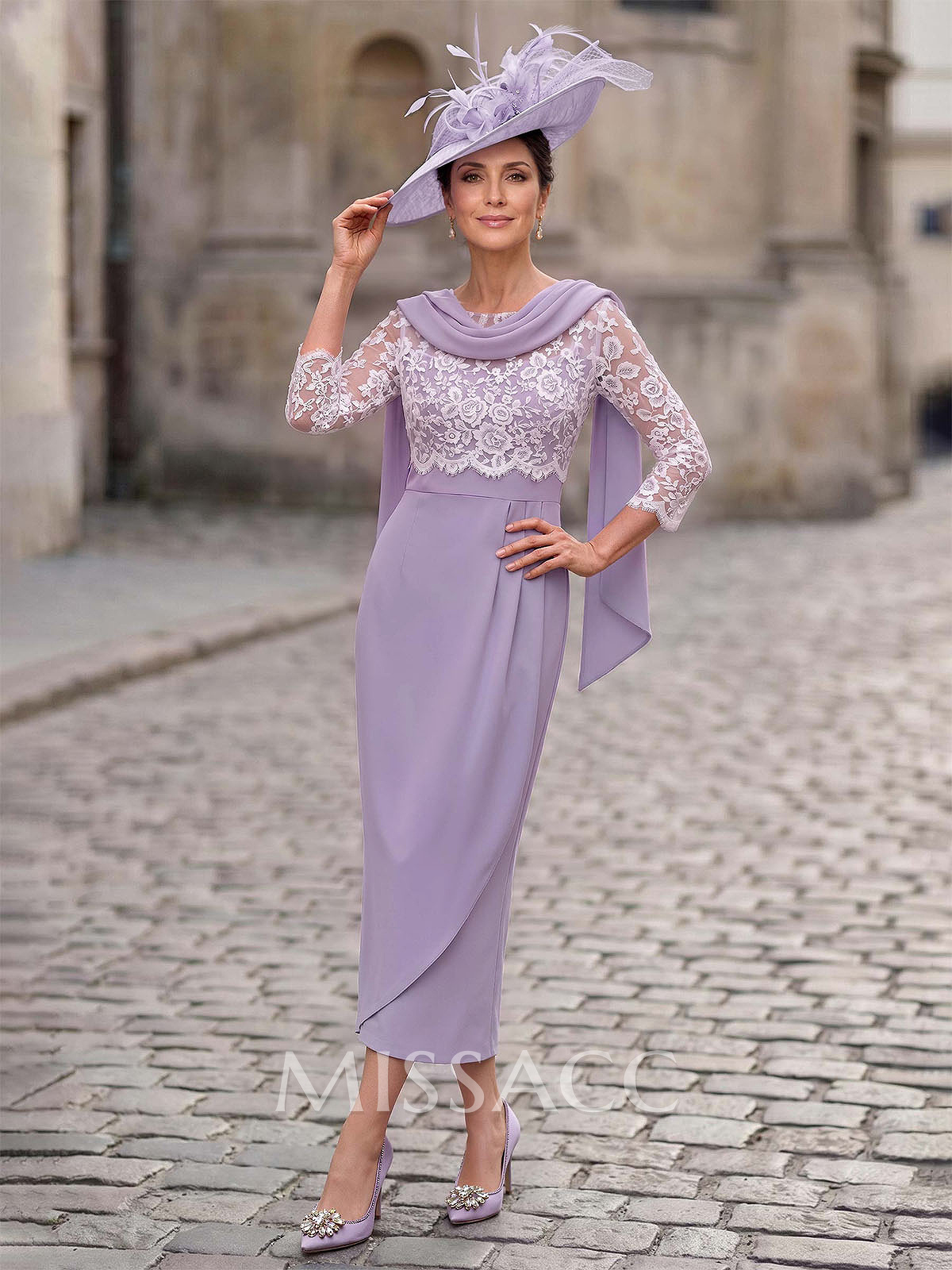 Sheath/Column Scoop Neck 3/4 Sleeves Ankle-Length Elastic Satin Mother Of The Bride Dresses With Lace
