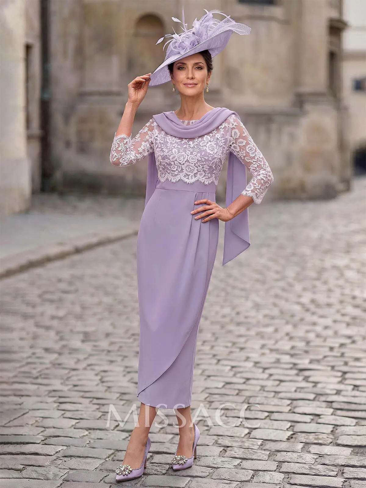Sheath/Column Scoop Neck 3/4 Sleeves Ankle-Length Elastic Satin Mother Of The Bride Dresses With Lace