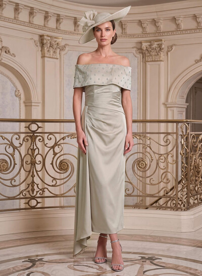 Sheath/Column Off-The-Shoulder Sleeveless Ankle-Length Satin Mother Of The Bride Dresses With Rhinestone