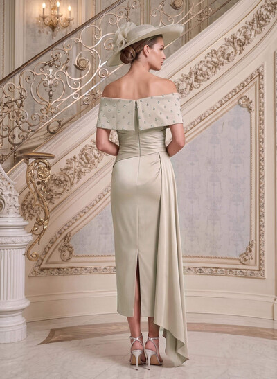 Sheath/Column Off-The-Shoulder Sleeveless Ankle-Length Satin Mother Of The Bride Dresses With Rhinestone