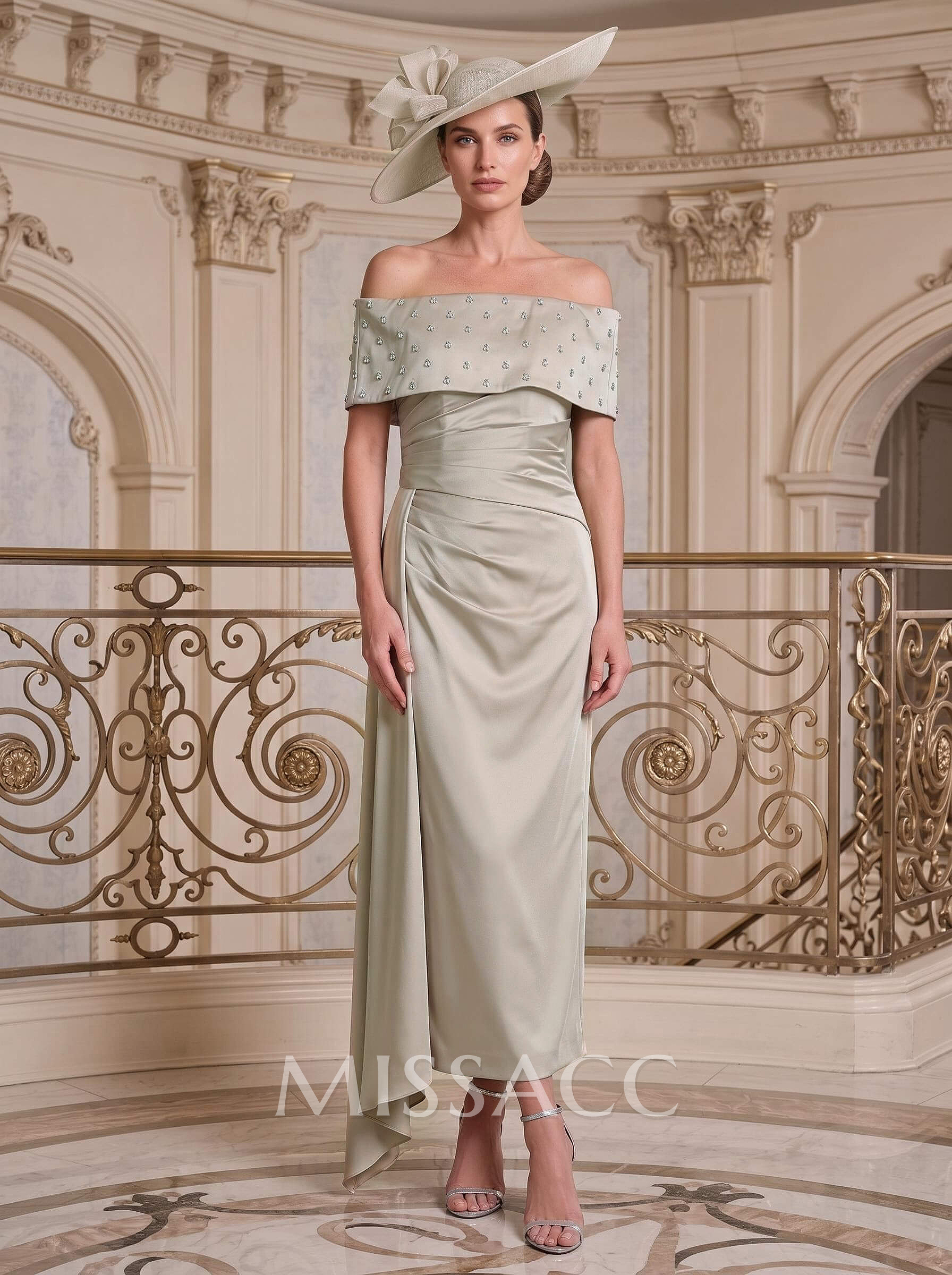 Sheath/Column Off-The-Shoulder Sleeveless Ankle-Length Satin Mother Of The Bride Dresses With Rhinestone