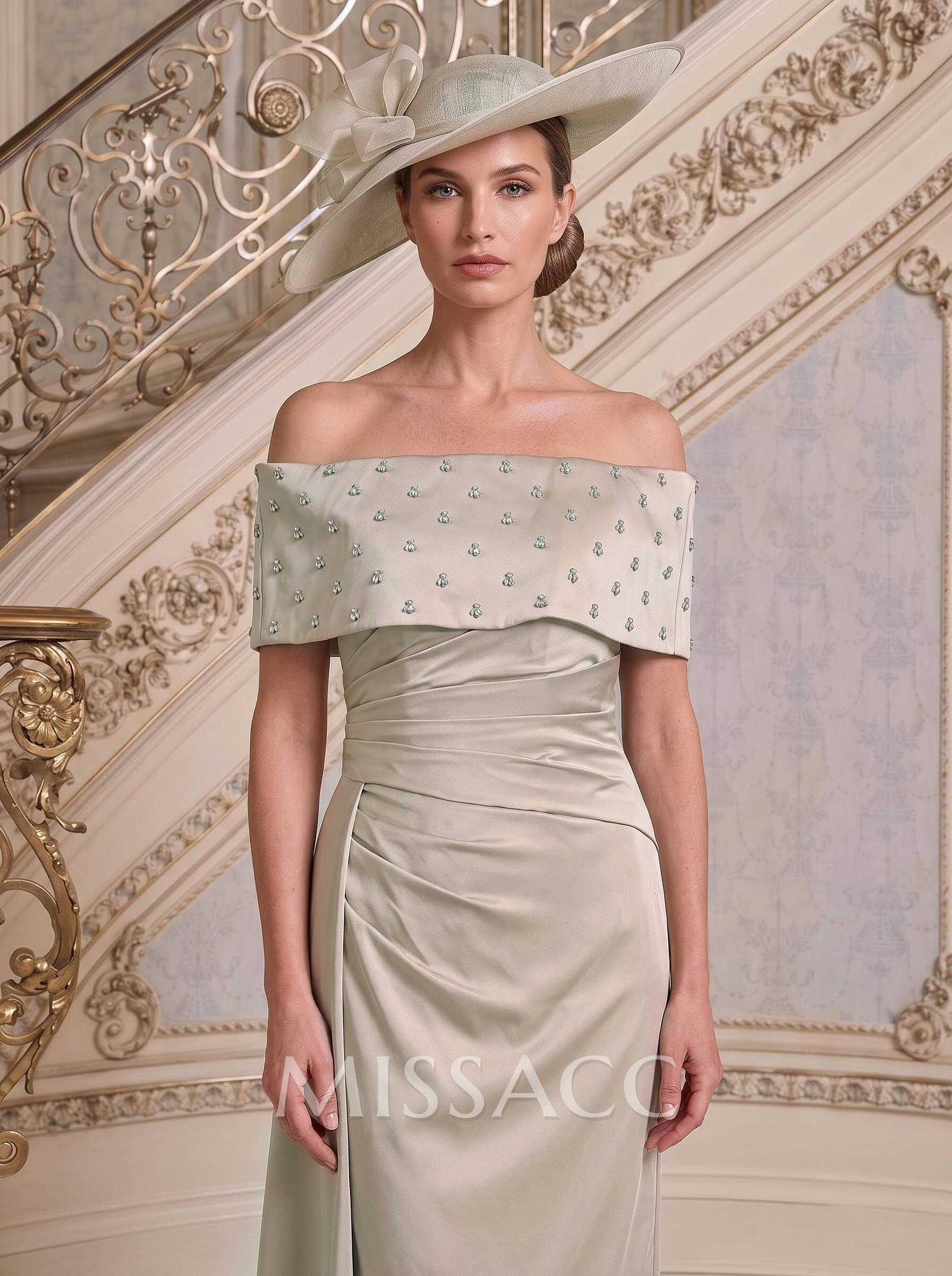 Sheath/Column Off-The-Shoulder Sleeveless Ankle-Length Satin Mother Of The Bride Dresses With Rhinestone