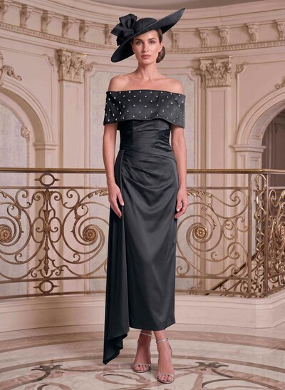 Sheath/Column Off-The-Shoulder Sleeveless Ankle-Length Satin Mother Of The Bride Dress With Diamantes