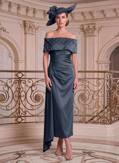 Sheath/Column Off-The-Shoulder Sleeveless Ankle-Length Satin Mother Of The Bride Dress With Diamantes